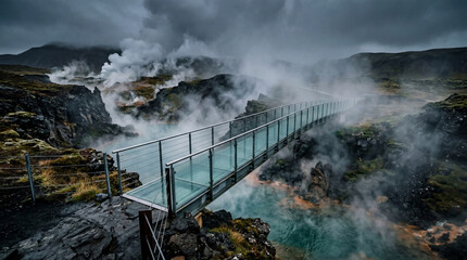 Fototapeta premium Cinematic Shot Of Modern Glass Bridge Stretching Over Steaming Volcanic Thermal Pool With Misty Vapors