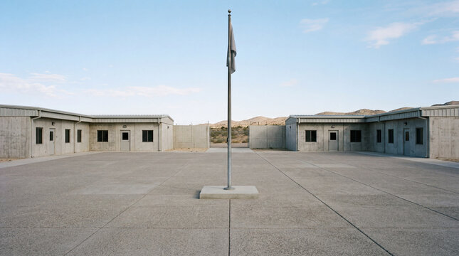 Symmetrical central square view of minimalist military outpost building featuring a single unbranded waving flag