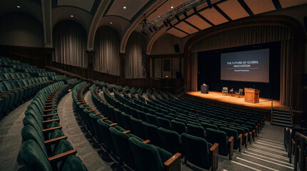 Naklejka premium Deep Focus Shot of Moody Empty University Auditorium with Dark Green Velvet Theater Seat Rows