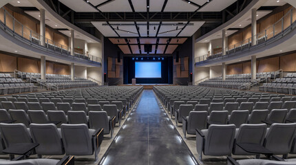Naklejka premium Symmetry focused perspective shot down center aisle of massive modern university lecture hall auditorium seating