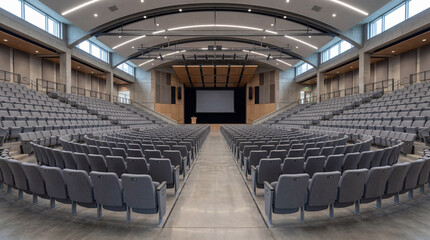 Naklejka premium Symmetrical Modern Lecture Hall Center Aisle with Massive Rows for Academic Architecture Photography Inspiration