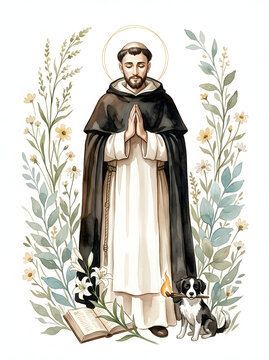 Saint Dominic de Guzman watercolor illustration with botanical frame