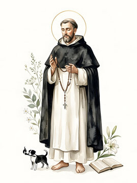 Saint Dominic de Guzman watercolor illustration with botanical frame
