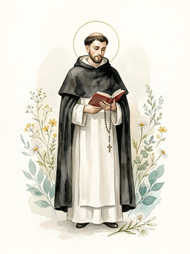 Saint Dominic de Guzman watercolor illustration with botanical frame