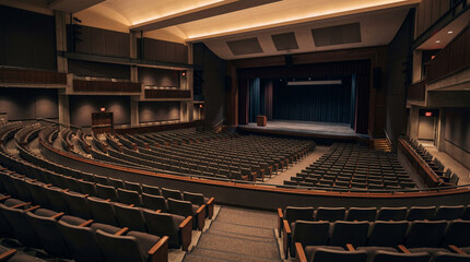 Naklejka premium Peaceful Weekend Atmosphere Found In Large College Auditorium That Is Completely Empty With Soft Light