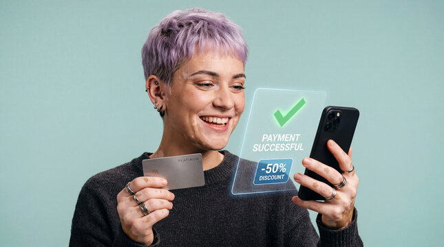 Young happy woman holding credit card and mobile phone making successful online payment and receiving a 50% discount standing on light blue studio background