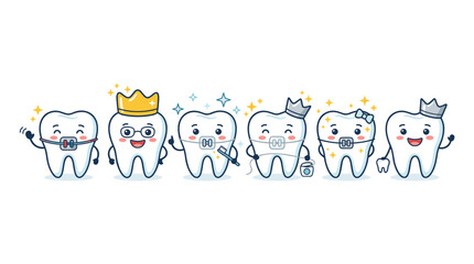 Fototapeta premium Cute cartoon teeth with braces and crowns smiling and sparkling representing dental health and orthodontics