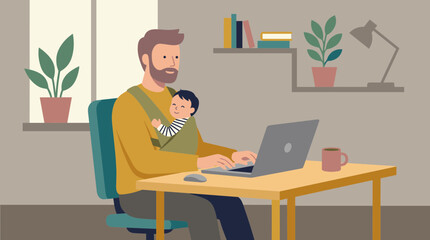 Fototapeta premium Father working from home with baby in carrier balancing work and family life