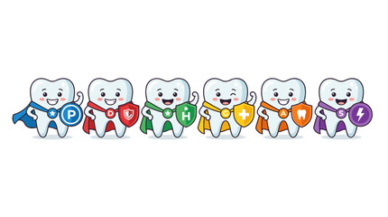 Fototapeta premium Cute Super Tooth Characters with Shields and Capes Representing Dental Health and Protection