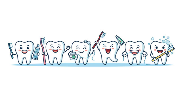 Happy cartoon teeth characters brushing and flossing for good oral hygiene and dental care