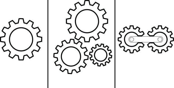 A set of black outline gear arranged in three distinct groups showing single cog, a cluster of three interlocking gears, and two connected cogs