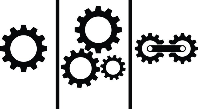 A set of black gear arranged in three distinct groups showing single cog, a cluster of three interlocking gears, and two connected cogs