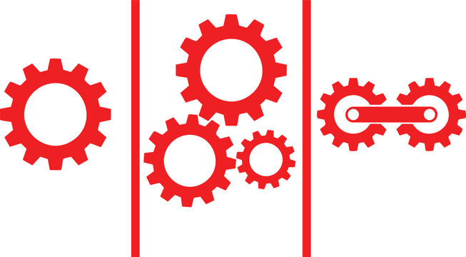 A set of red gear arranged in three distinct groups showing single cog, a cluster of three interlocking gears, and two connected cogs