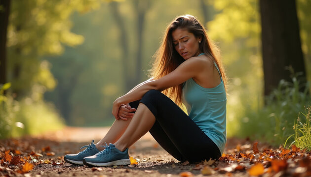 Young woman runner feels leg pain, sits on forest path. Athlete has shin splints, needs rest. She suffers from workout fatigue, muscle ache on autumn day.