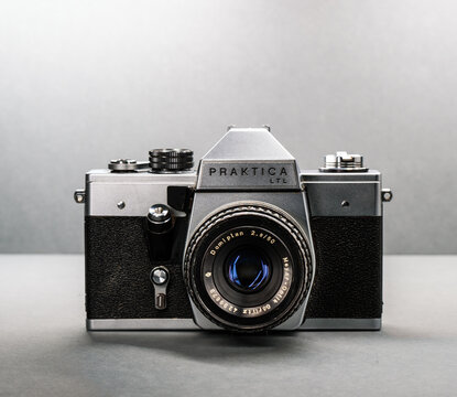 Gothenburg, Sweden - May 07 2024: Front view of vintage Praktica LTL 35mm film camera.