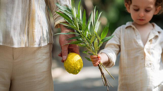 Sukkot holiday celebration. Child with a father holding etrog and lulav. Jewish family tradition
