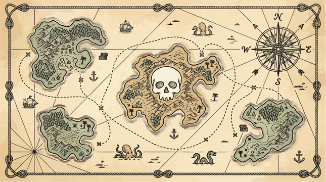 Stylized pirate map engraving style vector game asset