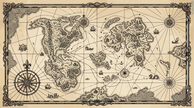 Fantasy navigation map with islands engraving vector