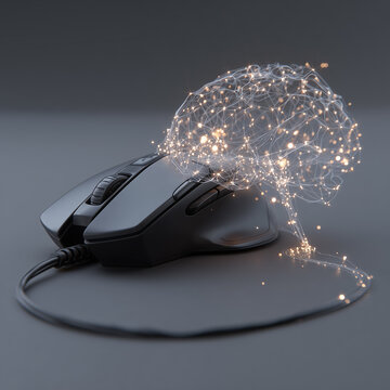 A wired computer mouse connected to a brain