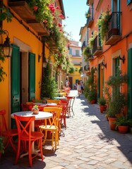 Obraz premium Colorful cafe chairs, tables on European street with blooming flowers. Sunny day illuminates cobblestone alleyway with quaint architecture. Empty outdoor dining setting awaits friends on warm
