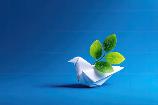 Origami dove with green leaves against a blue background symbol of peace
