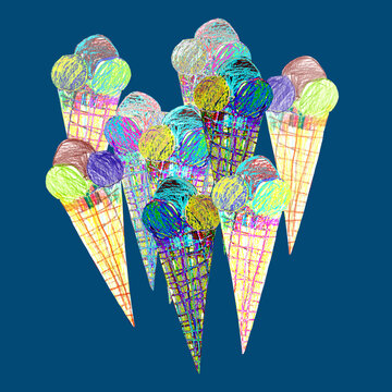 Colored Ice cream cones hand-drawn by pastel pencil in naive childlike drawing style on dark blue background. Perfect for summer menus, dessert designs, post cards, invitation.