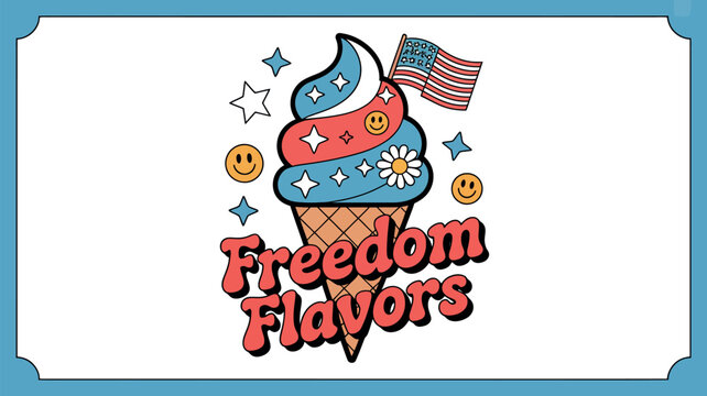 Vibrant patriotic ice cream cone illustration featuring a small American flag red white and blue swirl design with retro smiley faces and flower accents for a fun summer holiday celebration