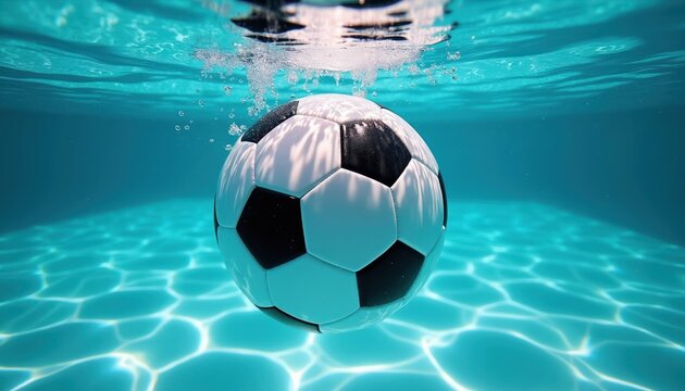 Black and white soccer ball submerged in clear blue pool water. Ripples and light patterns on the pool floor. Bubbles rise to the surface near the ball.