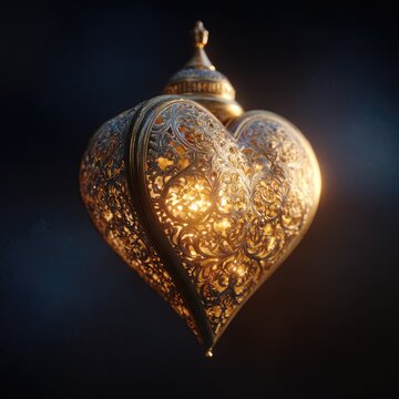 Ornate heart shaped lantern with intricate filigree casting warm inviting glow