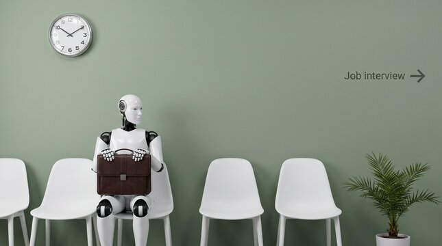 A humanoid robot with a briefcase waits in a modern office for a job interview, symbolizing the future of work, AI, and automation's impact on employment