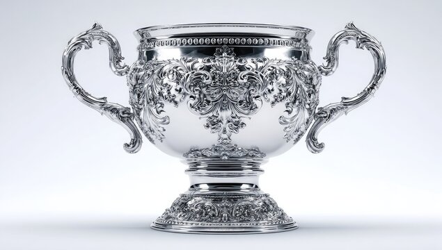 Ornate silver trophy cup isolated on white background for awards and recognition