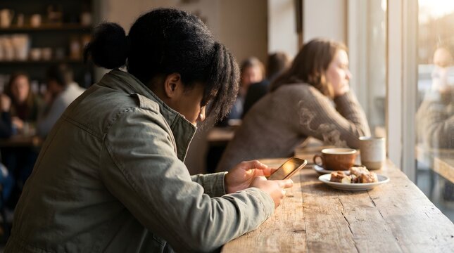Woman checking mobile phone in cafe ignoring her bored friend sitting across the table digital distraction concept