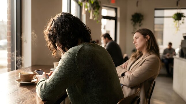 Disappointed woman looking away while friend is on phone checking screen during coffee breakout in local cafe