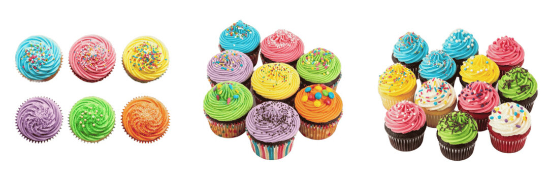 Colorful Cupcake PNG Set: Delicious Assorted Mini Cakes with Frosting and Sprinkles. High-Quality Isolated Bakery Elements for Birthday Parties, Dessert Menus, Celebration Graphics, and Sweet Treat Di