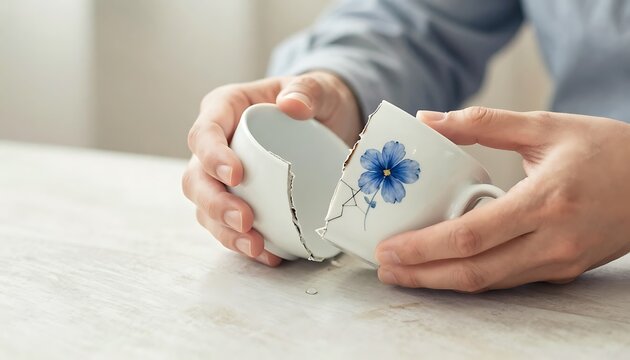 Person holding broken ceramic cup with floral design in hands  