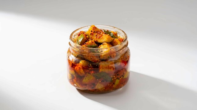Spicy homemade indian mango pickle stored in a clear glass jar with vibrant aromatic spices