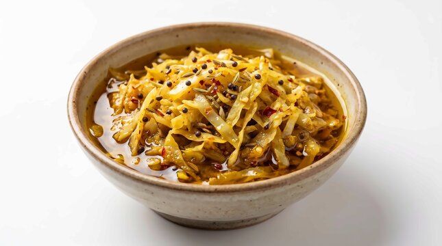 Spicy Indian cabbage pickle served in a simple ceramic bowl on a clean white background