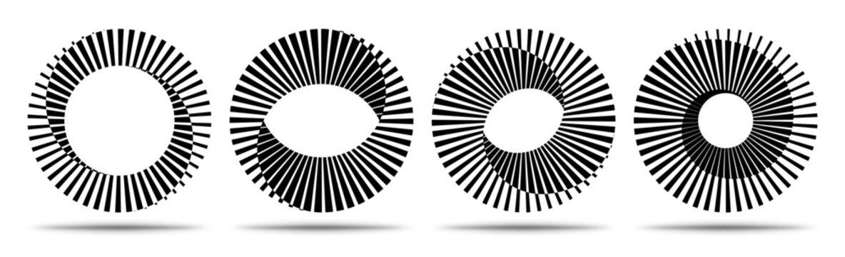 Abstract geometric optical illusion circle emblem design, mobius eye, radial lines dynamic spiral pattern, minimal graphic shape element