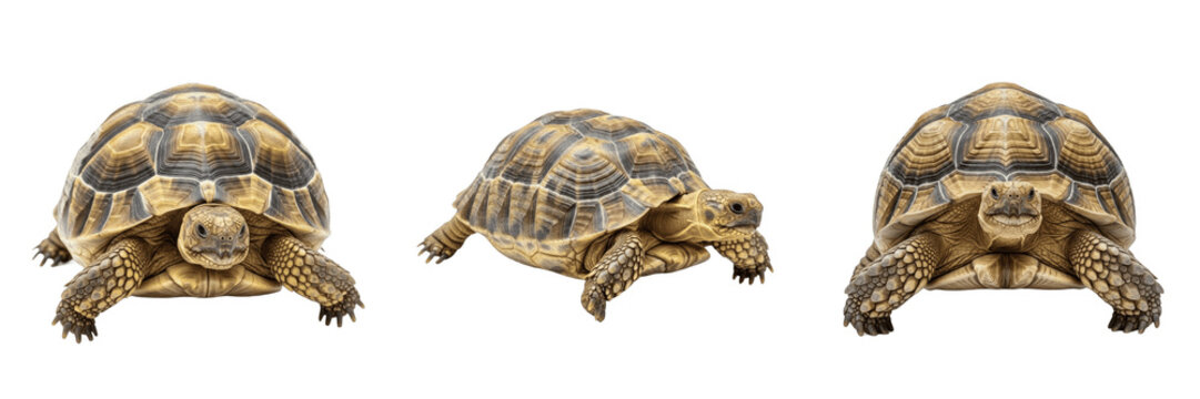 Set of Three Isolated Tortoises: Different Poses and Angles of a Brown Land Turtle, Detailed Shell Texture, High-Quality Cutout Image for Wildlife Design Projects, Professional Studio Photography on W