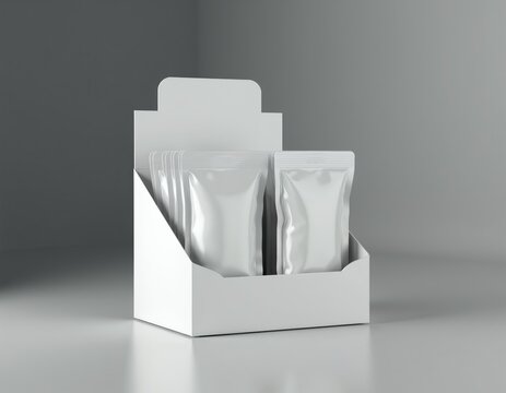 White blank sachet packaging inside a cardboard display box. Small pouches ready for retail sale on a counter. Empty containers for products like tea or snacks.