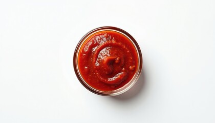 Adjika sauce in small glass bowl from top view. Red condiment with swirl texture made from tomatoes, peppers, garlic and spices. Serve with bread or as dip. © Viktor