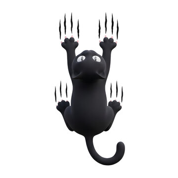 Cartoon Black Cat Climbing with Scratch Marks