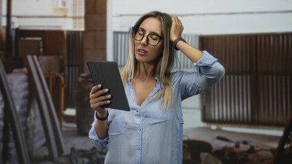Woman holding tablet with hand on head in building, wearing glasses and blue shirt  workplace confusion. © Krakenimages.com