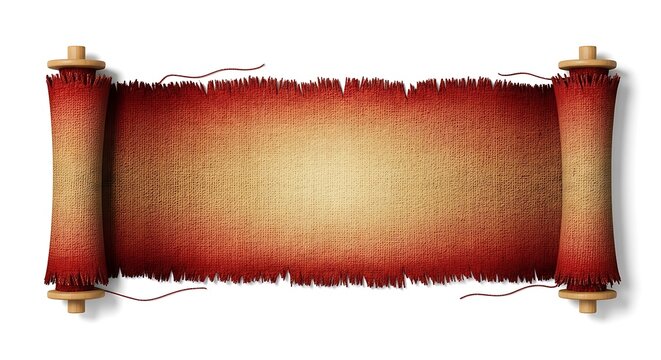 Vintage red scroll with frayed edges isolated on white background