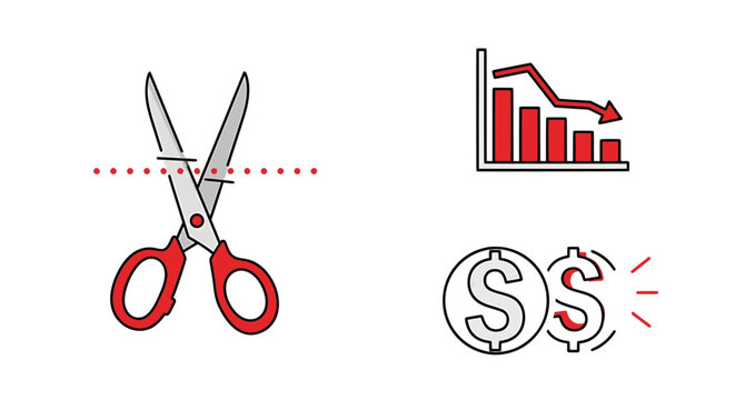 Business cost reduction concept icons with scissors and down graph