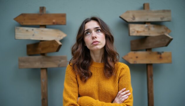 Young woman ponders choices at wooden crossroads signposts. She looks confused choosing life path or travel direction. Dilemma decision making confusion.