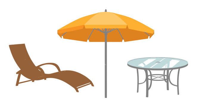 Outdoor patio furniture set with orange umbrella and lounge chair