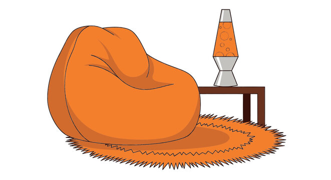 Retro Orange Bean Bag Chair with Lava Lamp Vector Illustration