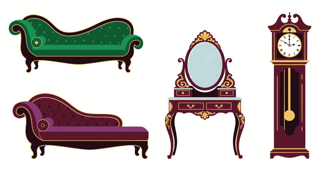 Vintage Antique Furniture Set with Chaise Longues Dressing Table and Clock
