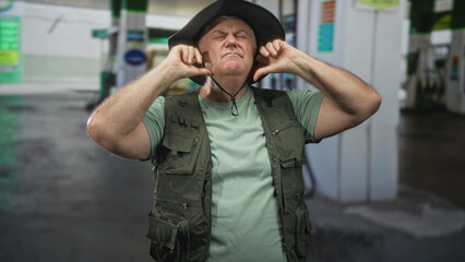 Man fisherman plugs ears with fingers wearing fishing vest and hat in a building forecourt gas station  discomfort. © Krakenimages.com